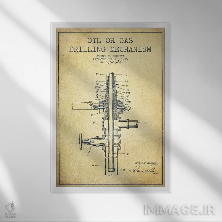 تابلو نقشهٔ ثبت اختراع مکانیزم گاز و نفت قدیمی اثر پیکسل کهنه (استودیو/نام هنری) - نمای قابدار سفید