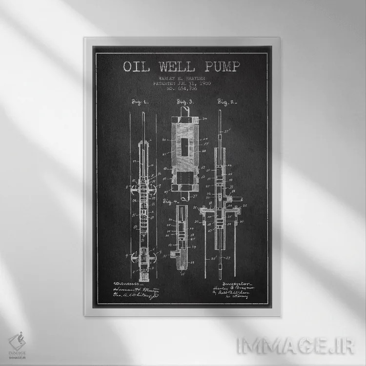 تابلو نقشهٔ ثبت اختراع پمپ نفت ذغالی اثر پیکسل کهنه (استودیو/نام هنری) - نمای قابدار سفید