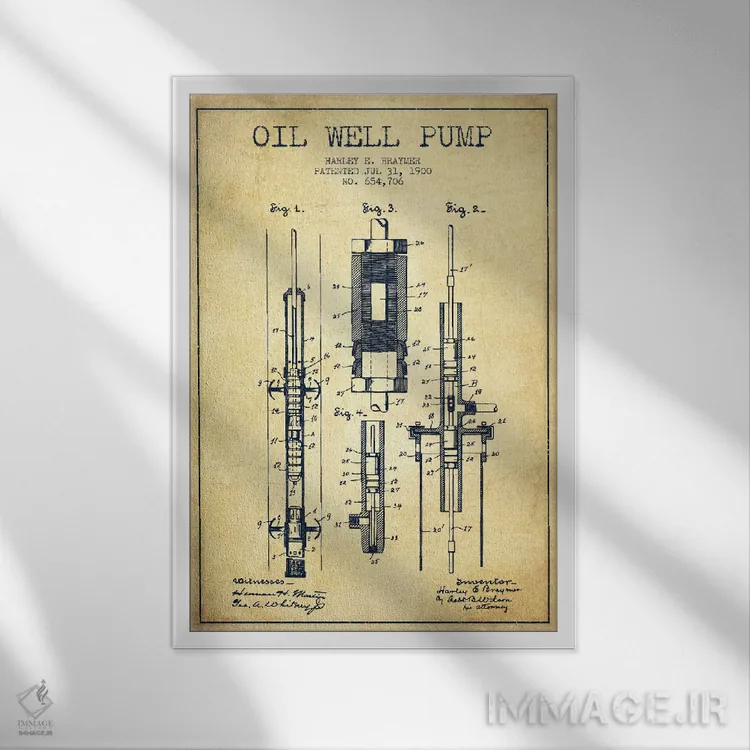 تابلو نقشهٔ ثبت اختراع پمپ نفت قدیمی اثر پیکسل کهنه (استودیو/نام هنری) - نمای قابدار سفید