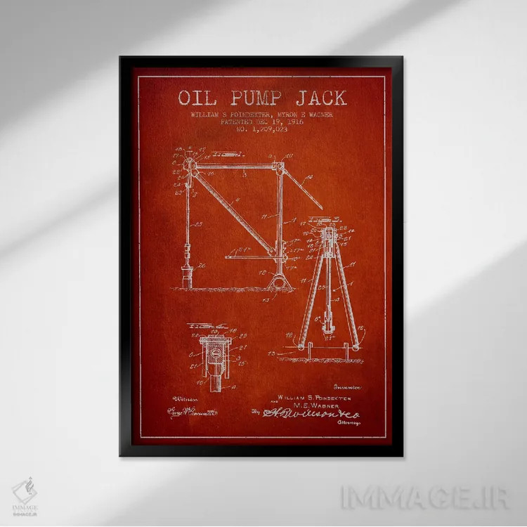 تابلو نقشهٔ ثبت اختراع جک پمپ نفت قرمز اثر پیکسل کهنه (استودیو/نام هنری) - نمای قابدار مشکی