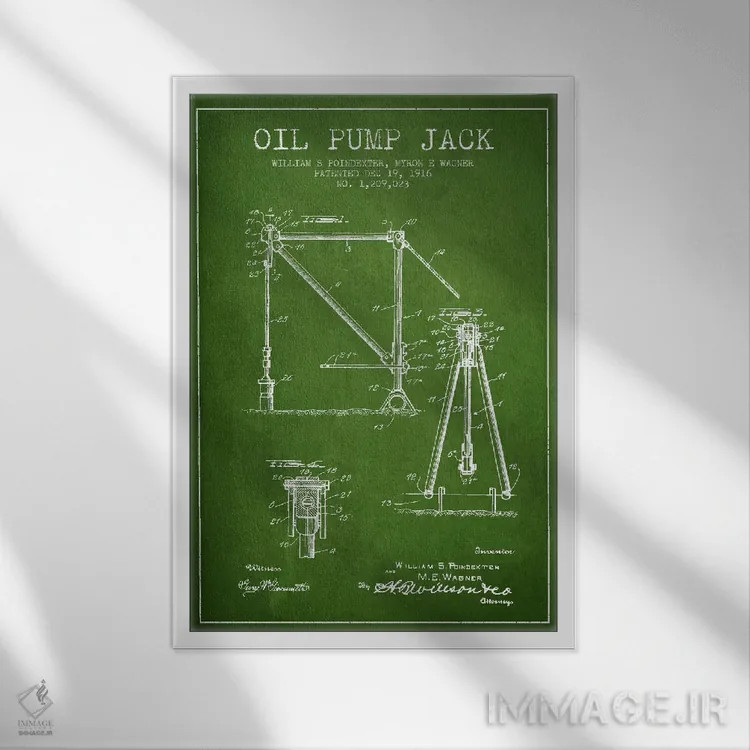 تابلو نقشهٔ ثبت اختراع جک پمپ نفت سبز اثر پیکسل کهنه (استودیو/نام هنری) - نمای قابدار سفید