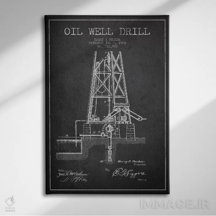 تابلو نقشهٔ ثبت اختراع متهٔ چاه نفت (زغالی) اثر پیکسل کهنه (استودیو/نام هنری) - نمای روبهرو روی دیوار