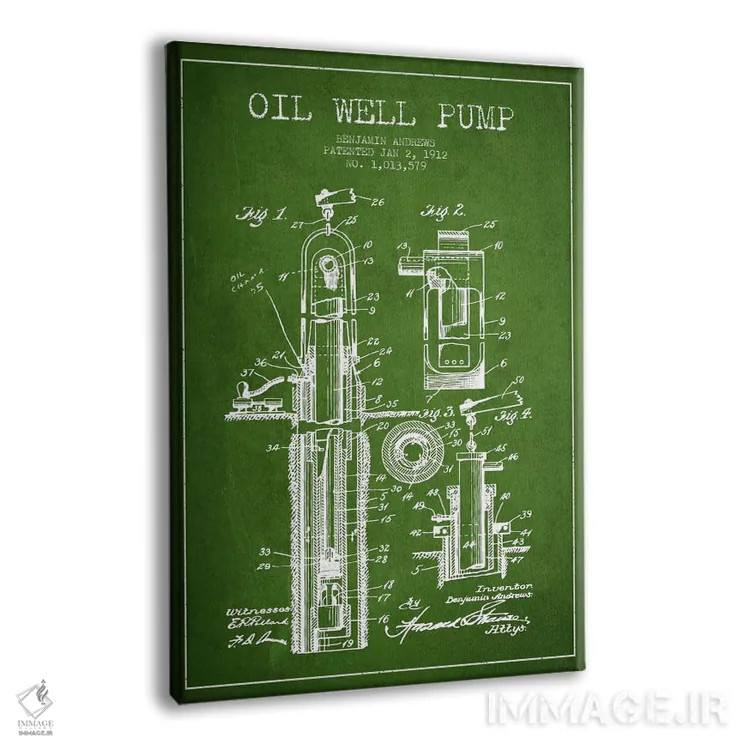 تابلو نقشهٔ ثبت اختراع پمپ چاه نفت (سبز) اثر پیکسل کهنه (استودیو/نام هنری) - نمای پرسپکتیو محصول