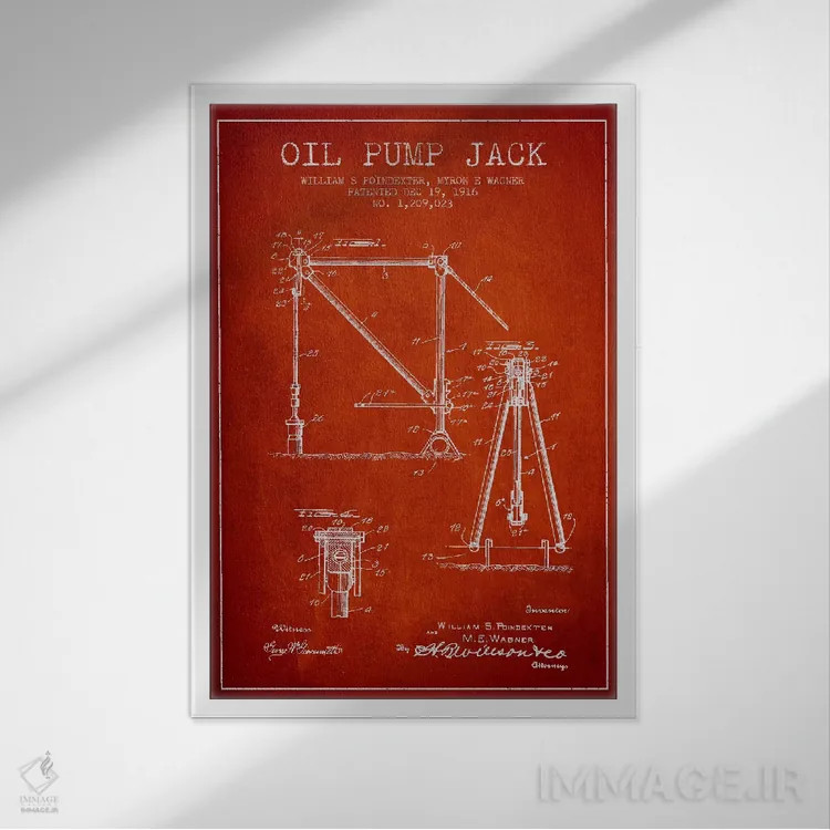 تابلو نقشهٔ ثبت اختراع جک پمپ نفت قرمز اثر پیکسل کهنه (استودیو/نام هنری) - نمای قابدار سفید