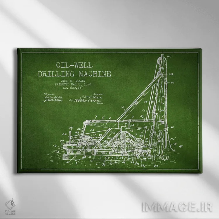 تابلو نقشهٔ ثبت اختراع حفاری چاه نفت (سبز) اثر پیکسل کهنه (استودیو/نام هنری) - نمای روبهرو روی دیوار