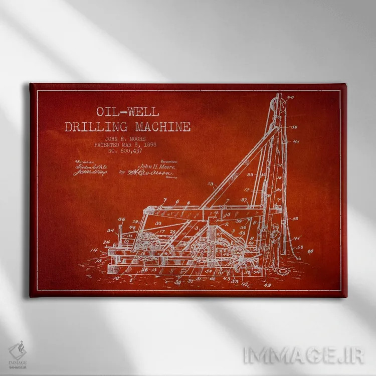 تابلو نقشهٔ ثبت اختراع حفاری چاه نفت (قرمز) اثر پیکسل کهنه (استودیو/نام هنری) - نمای روبهرو روی دیوار