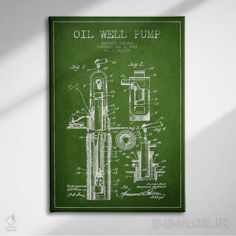 تابلو نقشهٔ ثبت اختراع پمپ چاه نفت (سبز) اثر پیکسل کهنه (استودیو/نام هنری) - نمای روبهرو روی دیوار