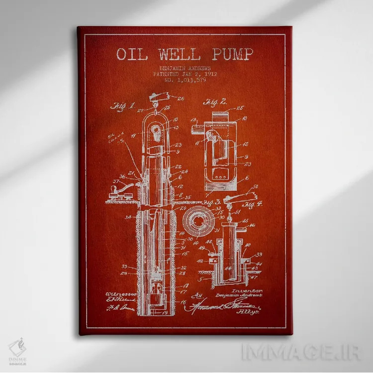 تابلو نقشهٔ ثبت اختراع پمپ چاه نفت (قرمز) اثر پیکسل کهنه (استودیو/نام هنری) - نمای روبهرو روی دیوار