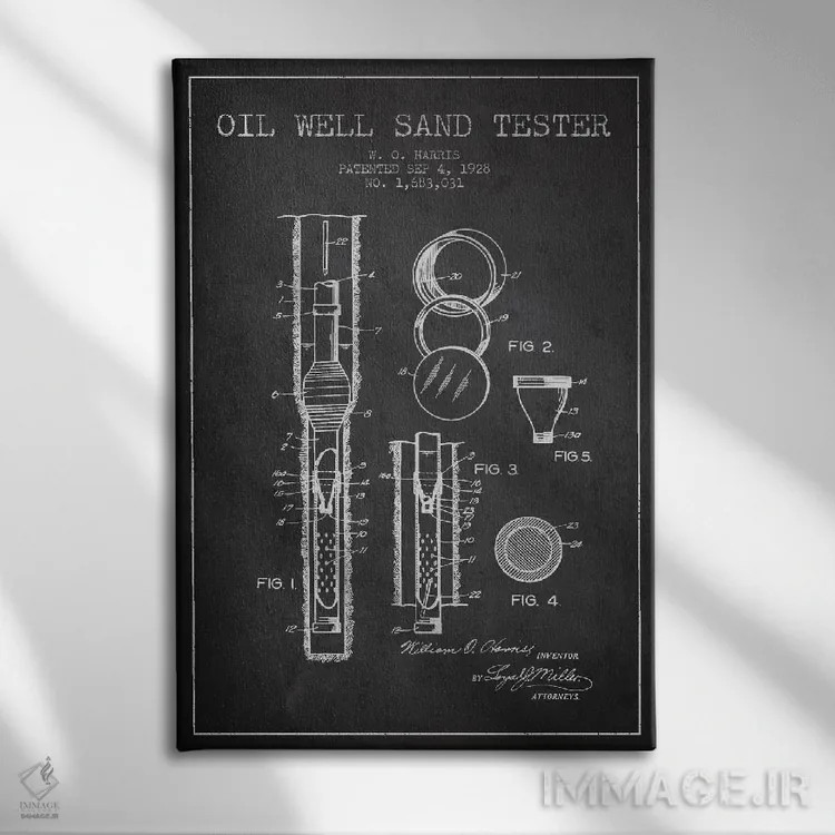 تابلو نقشهٔ ثبت اختراع دستگاه آزمایش چاه نفت (زغالی) اثر پیکسل کهنه (استودیو/نام هنری) - نمای روبهرو روی دیوار
