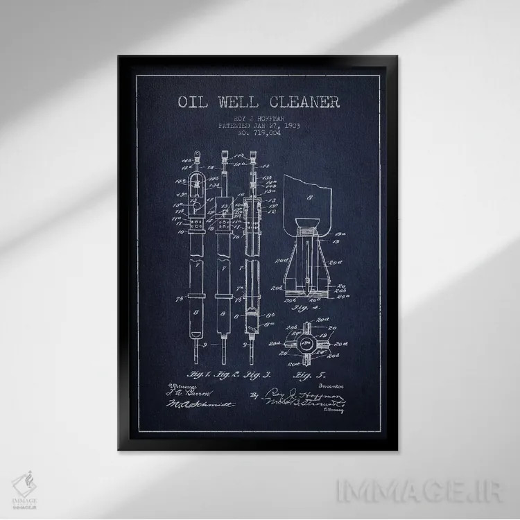 تابلو نقشهٔ ثبت اختراع پاککنندهٔ چاه نفت (آبی تیره) اثر پیکسل کهنه (استودیو/نام هنری) - نمای قابدار مشکی