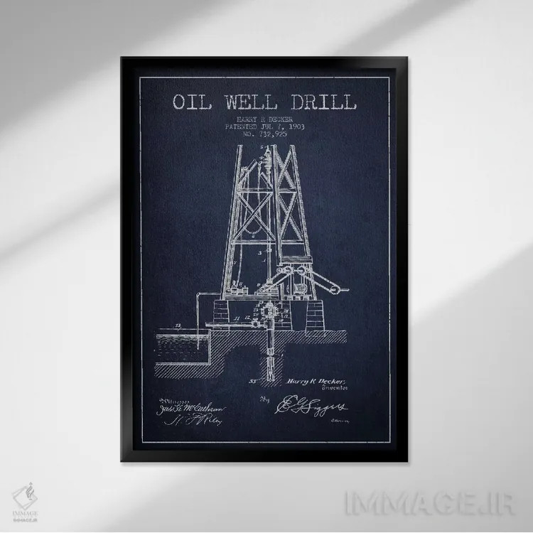 تابلو نقشهٔ ثبت اختراع متهٔ چاه نفت (آبی تیره) اثر پیکسل کهنه (استودیو/نام هنری) - نمای قابدار مشکی