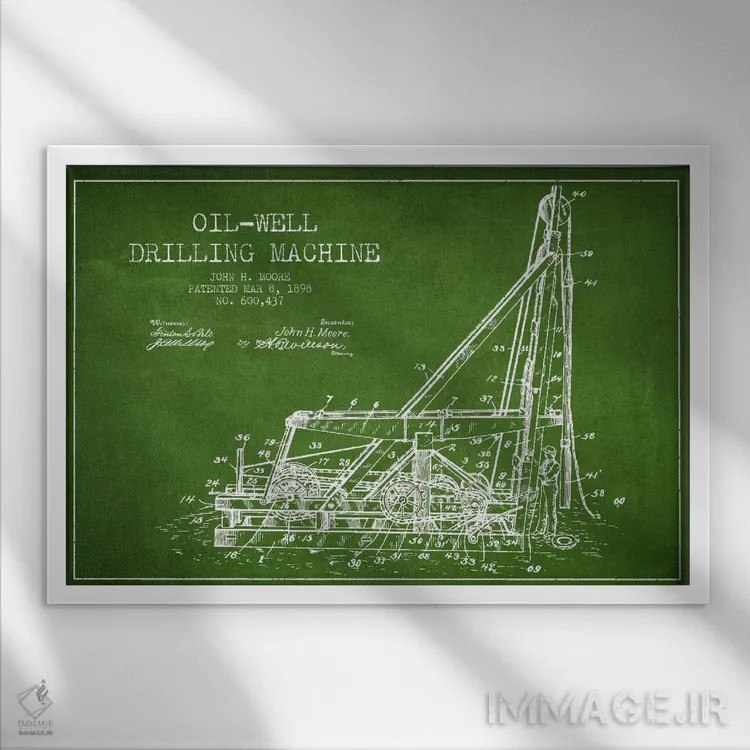 تابلو نقشهٔ ثبت اختراع حفاری چاه نفت (سبز) اثر پیکسل کهنه (استودیو/نام هنری) - نمای قابدار سفید