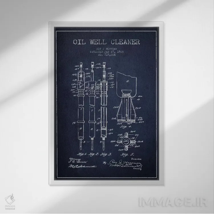 تابلو نقشهٔ ثبت اختراع پاککنندهٔ چاه نفت (آبی تیره) اثر پیکسل کهنه (استودیو/نام هنری) - نمای قابدار سفید