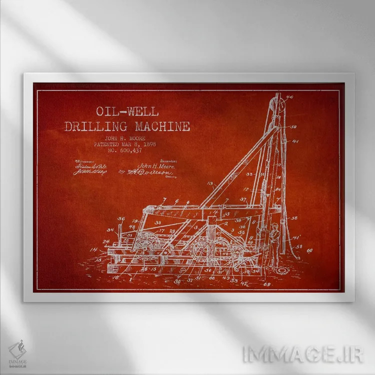 تابلو نقشهٔ ثبت اختراع حفاری چاه نفت (قرمز) اثر پیکسل کهنه (استودیو/نام هنری) - نمای قابدار سفید