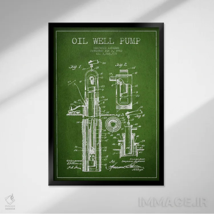 تابلو نقشهٔ ثبت اختراع پمپ چاه نفت (سبز) اثر پیکسل کهنه (استودیو/نام هنری) - نمای قابدار مشکی