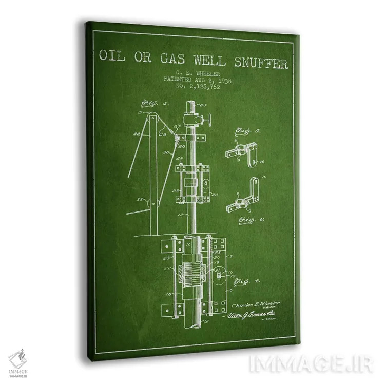 تابلو نقشهٔ ثبت اختراع خاموشکن نفت و گاز (سبز) اثر پیکسل کهنه (استودیو/نام هنری) - نمای پرسپکتیو محصول