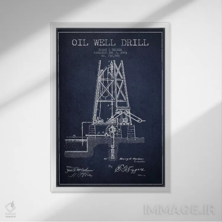 تابلو نقشهٔ ثبت اختراع متهٔ چاه نفت (آبی تیره) اثر پیکسل کهنه (استودیو/نام هنری) - نمای قابدار سفید