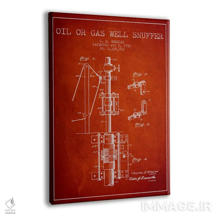تابلو نقشهٔ ثبت اختراع خاموشکن نفت و گاز (قرمز) اثر پیکسل کهنه (استودیو/نام هنری) - نمای پرسپکتیو محصول