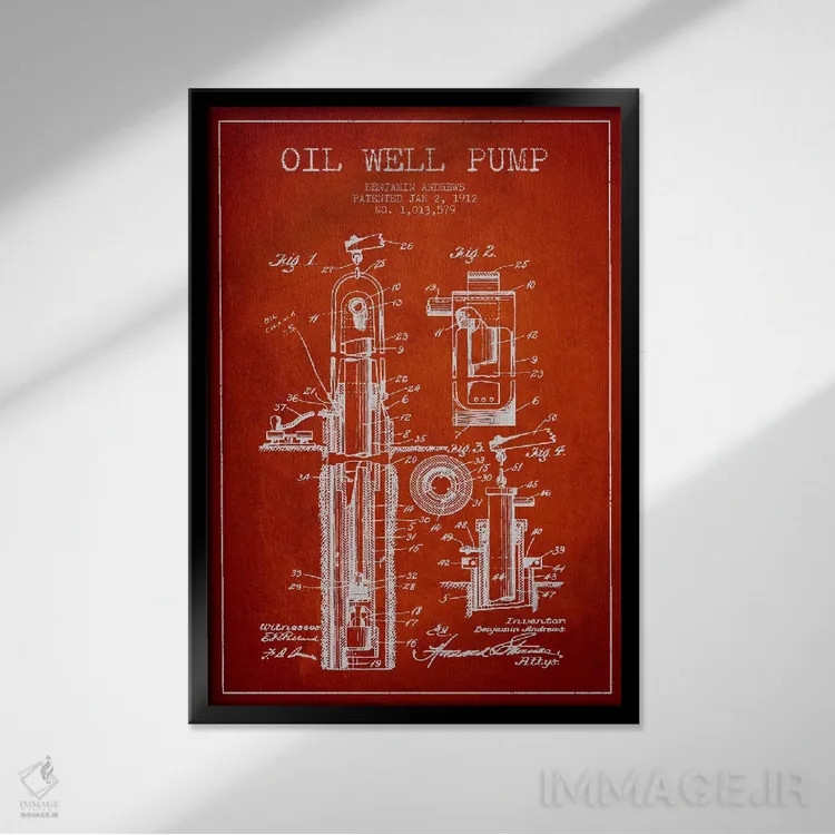 تابلو نقشهٔ ثبت اختراع پمپ چاه نفت (قرمز) اثر پیکسل کهنه (استودیو/نام هنری) - نمای قابدار مشکی