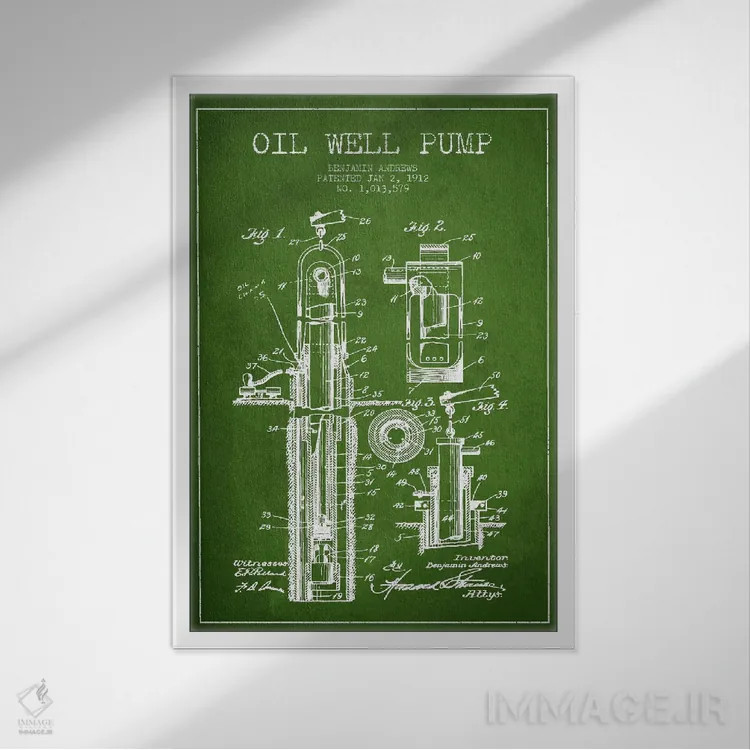 تابلو نقشهٔ ثبت اختراع پمپ چاه نفت (سبز) اثر پیکسل کهنه (استودیو/نام هنری) - نمای قابدار سفید