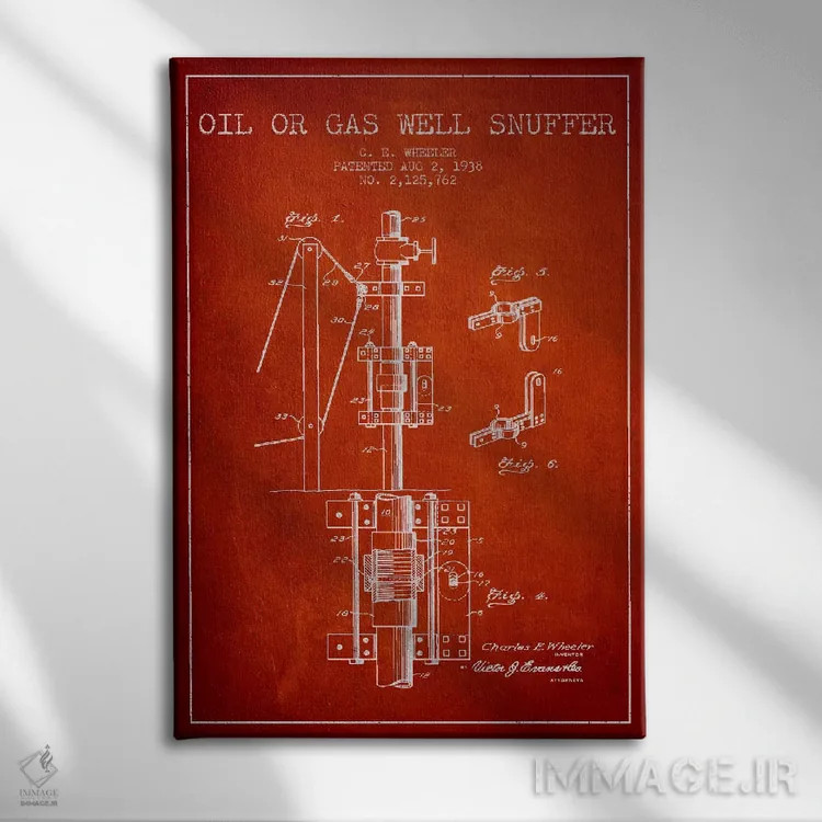 تابلو نقشهٔ ثبت اختراع خاموشکن نفت و گاز (قرمز) اثر پیکسل کهنه (استودیو/نام هنری) - نمای روبهرو روی دیوار