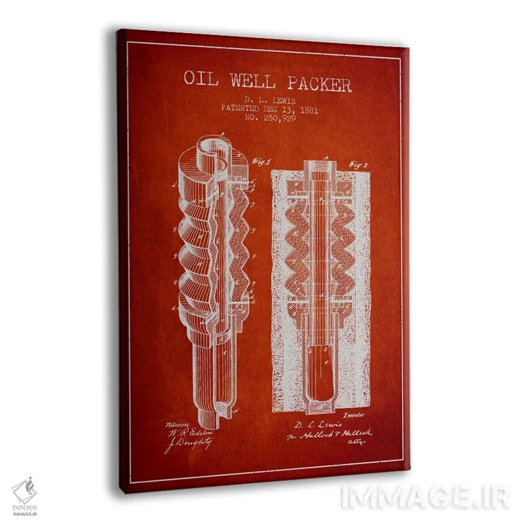 تابلو نقشهٔ ثبت اختراع بستهبند چاه نفت (قرمز) اثر پیکسل کهنه (استودیو/نام هنری) - نمای پرسپکتیو محصول