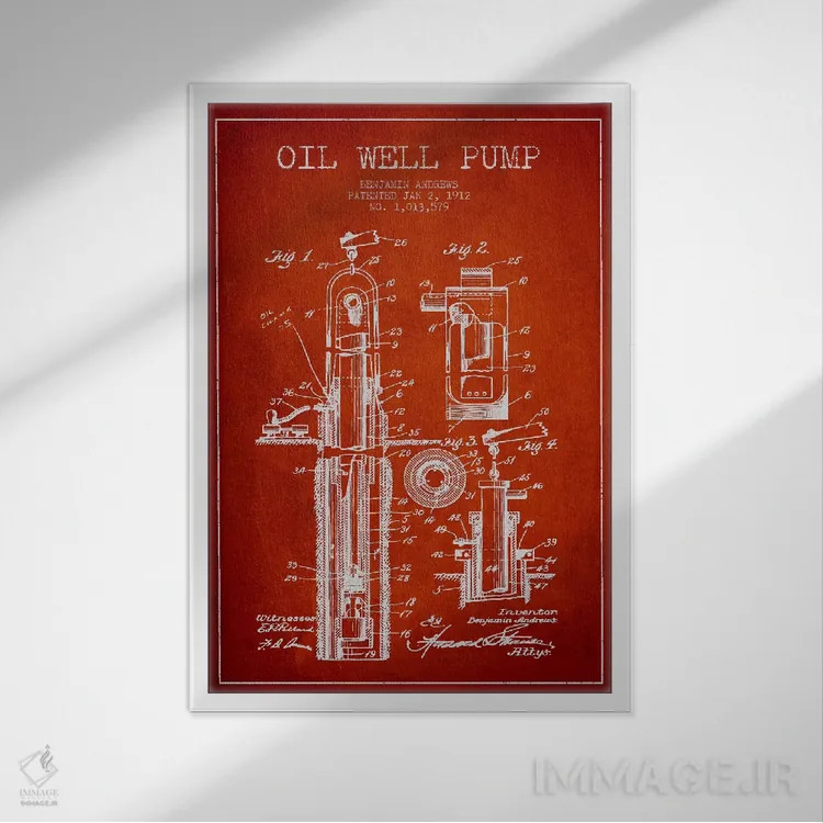 تابلو نقشهٔ ثبت اختراع پمپ چاه نفت (قرمز) اثر پیکسل کهنه (استودیو/نام هنری) - نمای قابدار سفید