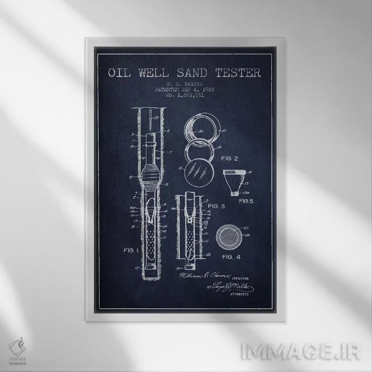 تابلو نقشهٔ ثبت اختراع دستگاه آزمایش چاه نفت (آبی تیره) اثر پیکسل کهنه (استودیو/نام هنری) - نمای قابدار سفید