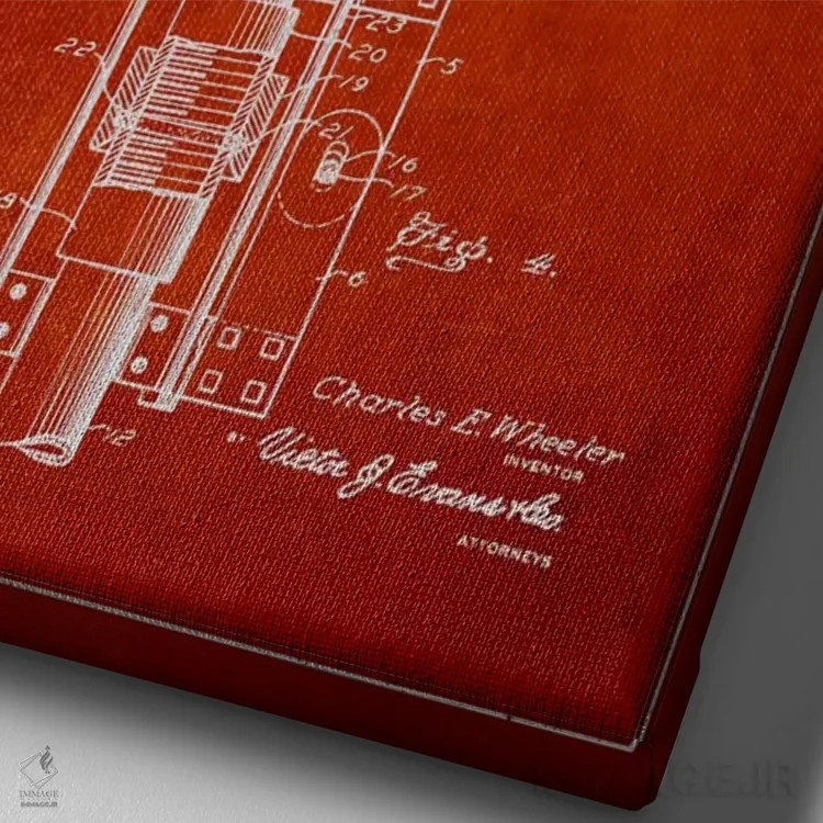 تابلو نقشهٔ ثبت اختراع خاموشکن نفت و گاز (قرمز) اثر پیکسل کهنه (استودیو/نام هنری) - نمای نزدیک بافت بوم