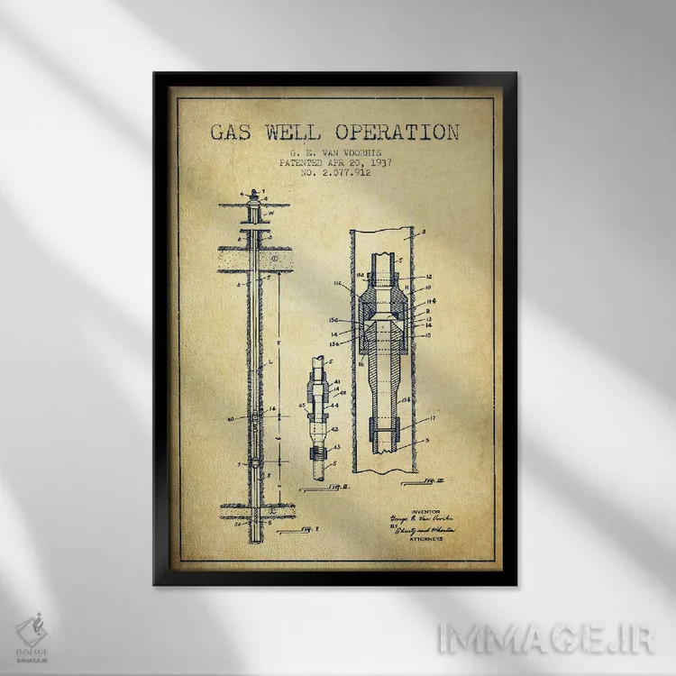 تابلو نقشهٔ ثبت اختراع عملیات چاه گاز (طرح قدیمی) اثر پیکسل کهنه (استودیو/نام هنری) - نمای قابدار مشکی