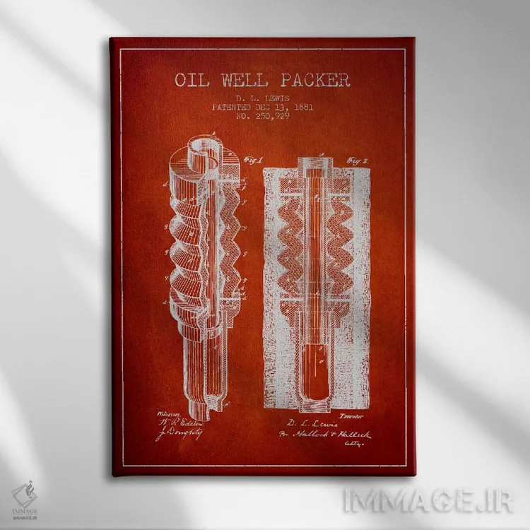 تابلو نقشهٔ ثبت اختراع بستهبند چاه نفت (قرمز) اثر پیکسل کهنه (استودیو/نام هنری) - نمای روبهرو روی دیوار