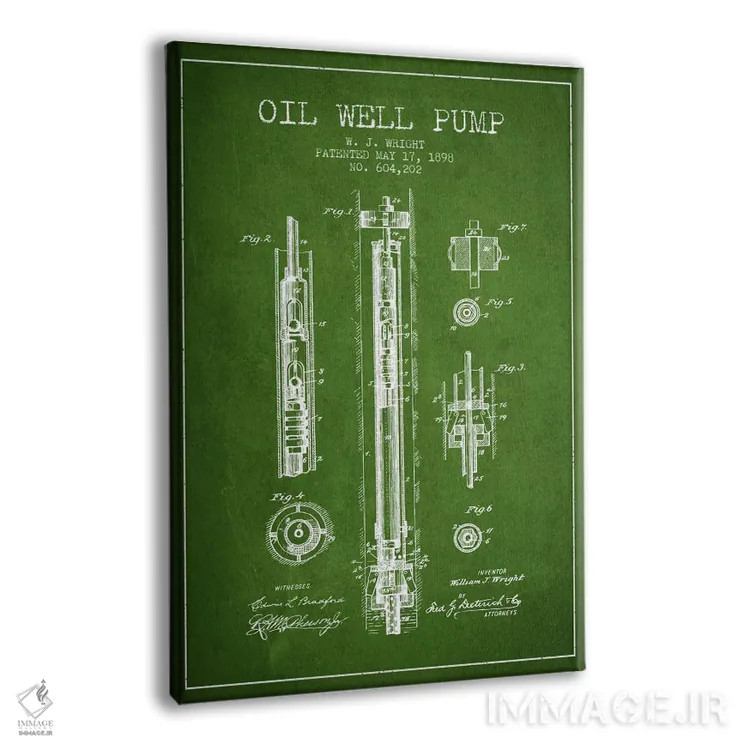 تابلو نقشهٔ ثبت اختراع پمپ چاه نفت (سبز) اثر پیکسل کهنه (استودیو/نام هنری) - نمای پرسپکتیو محصول