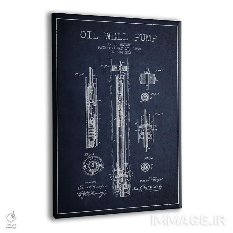 تابلو نقشهٔ ثبت اختراع پمپ چاه نفت (آبی تیره) اثر پیکسل کهنه (استودیو/نام هنری) - نمای پرسپکتیو محصول