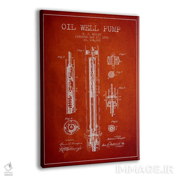 تابلو نقشهٔ ثبت اختراع پمپ چاه نفت (قرمز) اثر پیکسل کهنه (استودیو/نام هنری) - نمای پرسپکتیو محصول