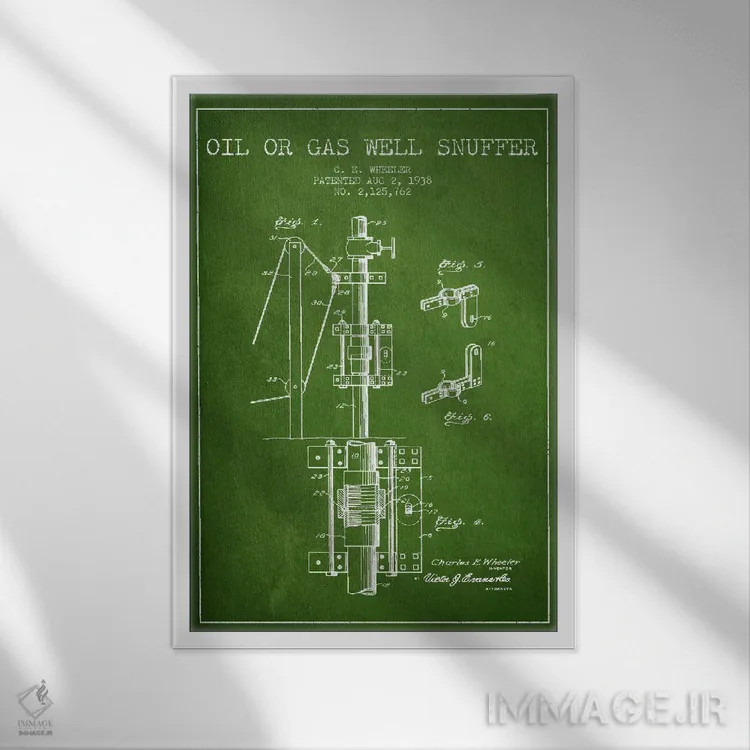 تابلو نقشهٔ ثبت اختراع خاموشکن نفت و گاز (سبز) اثر پیکسل کهنه (استودیو/نام هنری) - نمای قابدار سفید