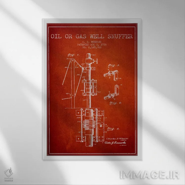 تابلو نقشهٔ ثبت اختراع خاموشکن نفت و گاز (قرمز) اثر پیکسل کهنه (استودیو/نام هنری) - نمای قابدار سفید