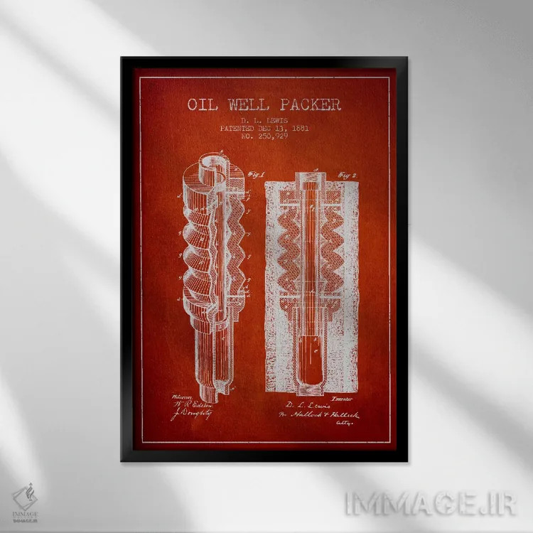 تابلو نقشهٔ ثبت اختراع بستهبند چاه نفت (قرمز) اثر پیکسل کهنه (استودیو/نام هنری) - نمای قابدار مشکی