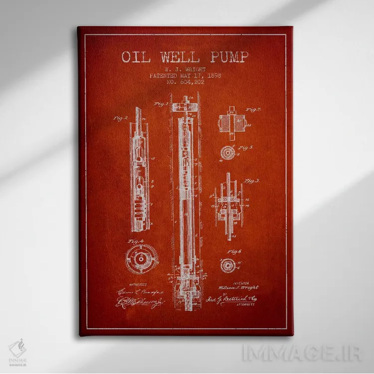 تابلو نقشهٔ ثبت اختراع پمپ چاه نفت (قرمز) اثر پیکسل کهنه (استودیو/نام هنری) - نمای روبهرو روی دیوار