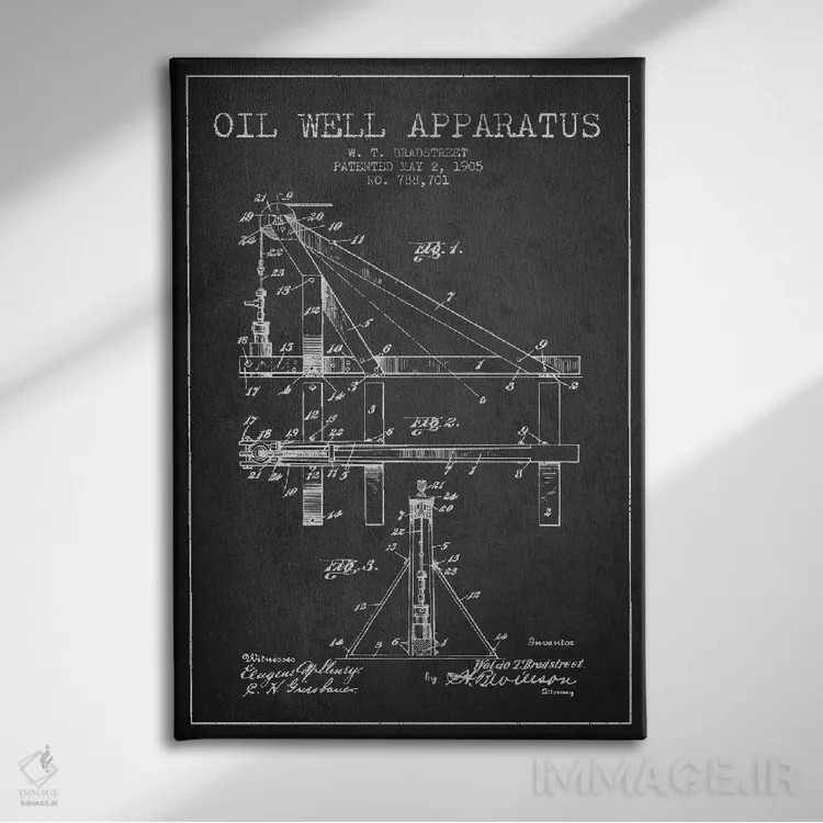 تابلو نقشهٔ ثبت اختراع دستگاه چاه نفت (زغالی) اثر پیکسل کهنه (استودیو/نام هنری) - نمای روبهرو روی دیوار