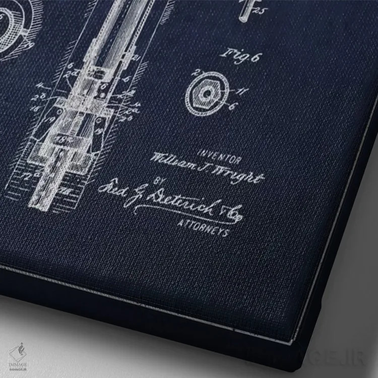 تابلو نقشهٔ ثبت اختراع پمپ چاه نفت (آبی تیره) اثر پیکسل کهنه (استودیو/نام هنری) - نمای نزدیک بافت بوم