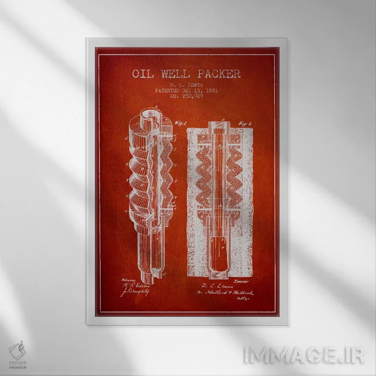 تابلو نقشهٔ ثبت اختراع بستهبند چاه نفت (قرمز) اثر پیکسل کهنه (استودیو/نام هنری) - نمای قابدار سفید