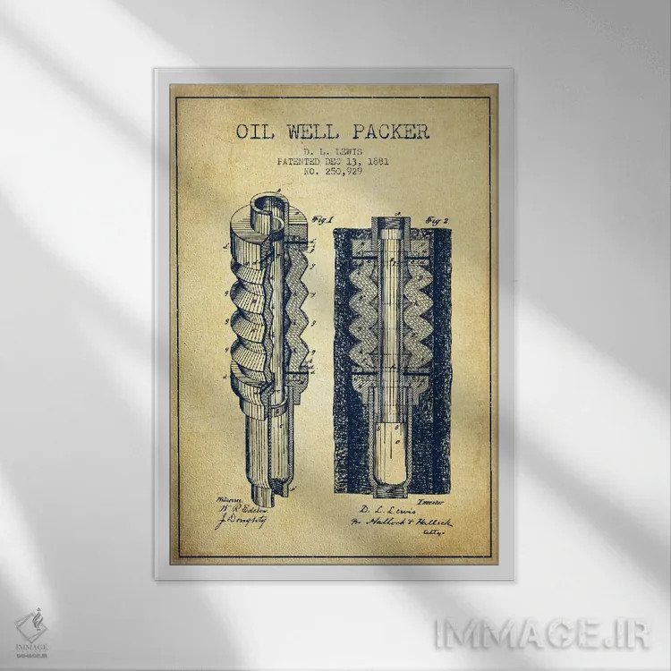 تابلو نقشهٔ ثبت اختراع بستهبند چاه نفت (طرح قدیمی) اثر پیکسل کهنه (استودیو/نام هنری) - نمای قابدار سفید