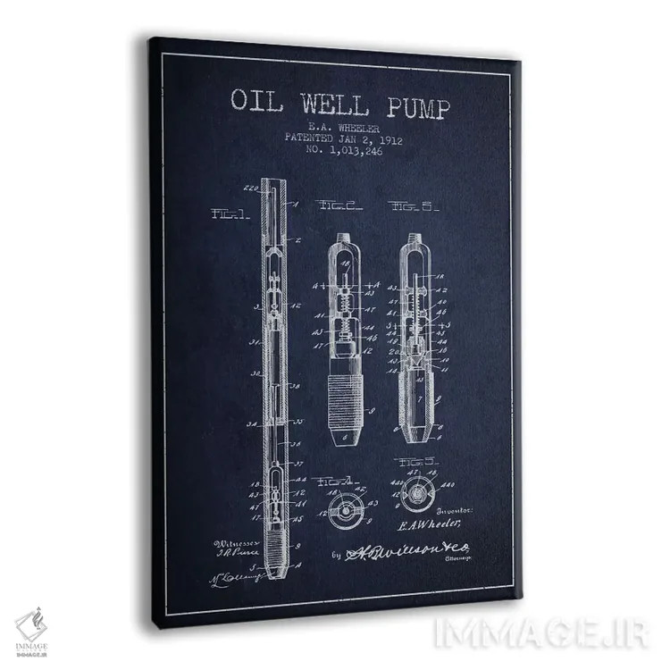 تابلو نقشهٔ ثبت اختراع پمپ چاه نفت (آبی تیره) اثر پیکسل کهنه (استودیو/نام هنری) - نمای پرسپکتیو محصول
