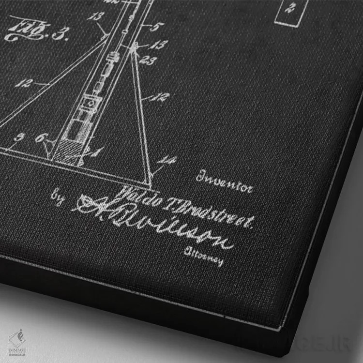 تابلو نقشهٔ ثبت اختراع دستگاه چاه نفت (زغالی) اثر پیکسل کهنه (استودیو/نام هنری) - نمای نزدیک بافت بوم