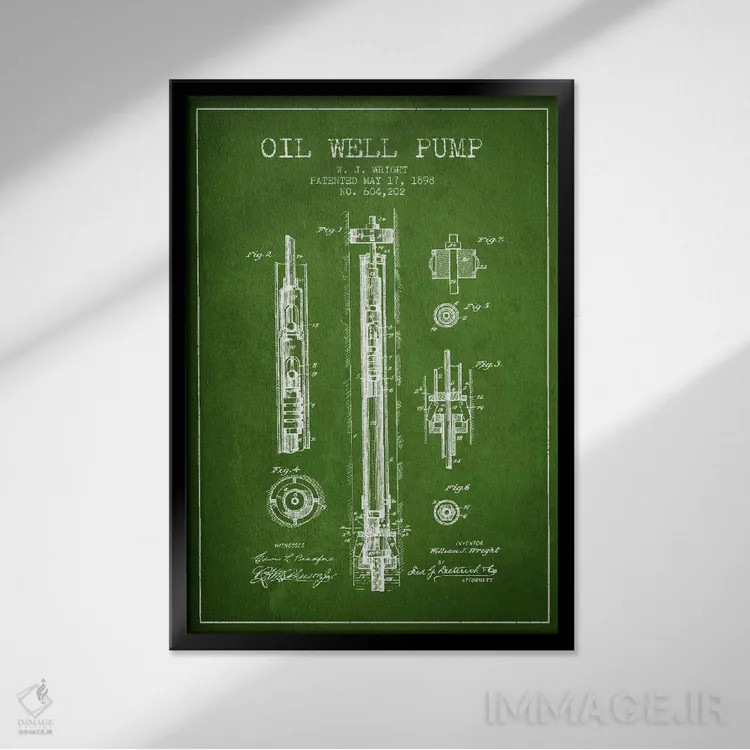 تابلو نقشهٔ ثبت اختراع پمپ چاه نفت (سبز) اثر پیکسل کهنه (استودیو/نام هنری) - نمای قابدار مشکی