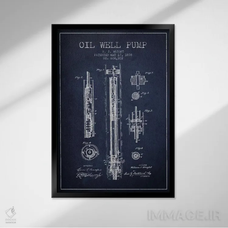 تابلو نقشهٔ ثبت اختراع پمپ چاه نفت (آبی تیره) اثر پیکسل کهنه (استودیو/نام هنری) - نمای قابدار مشکی