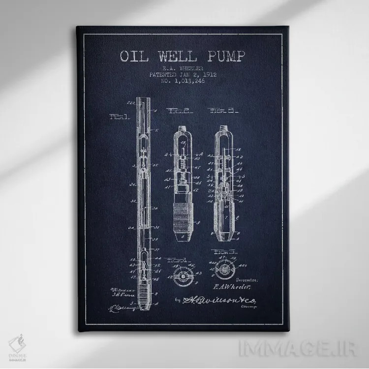 تابلو نقشهٔ ثبت اختراع پمپ چاه نفت (آبی تیره) اثر پیکسل کهنه (استودیو/نام هنری) - نمای روبهرو روی دیوار