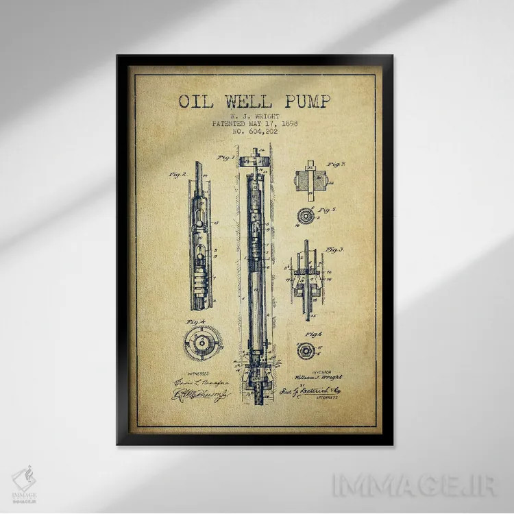 تابلو نقشهٔ ثبت اختراع پمپ چاه نفت (طرح قدیمی) اثر پیکسل کهنه (استودیو/نام هنری) - نمای قابدار مشکی