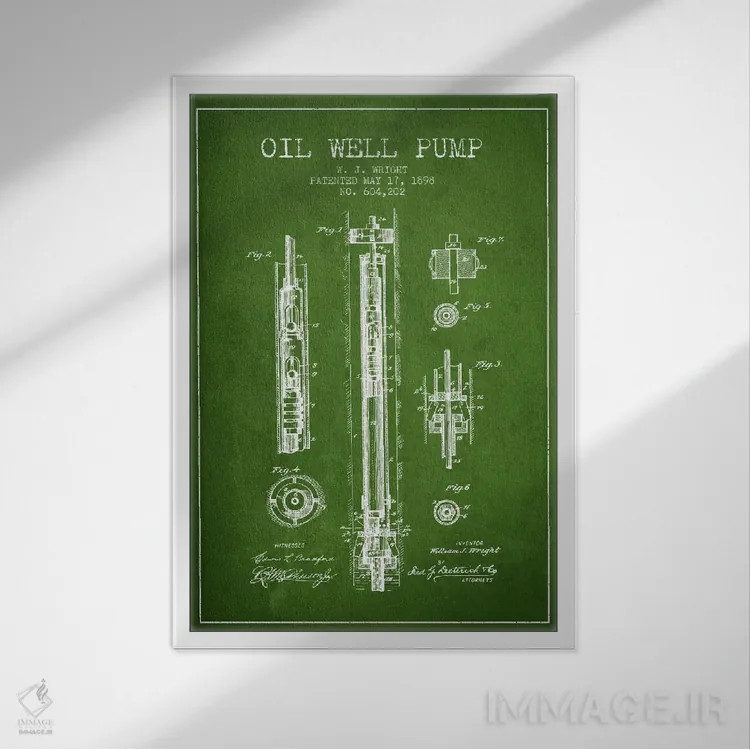 تابلو نقشهٔ ثبت اختراع پمپ چاه نفت (سبز) اثر پیکسل کهنه (استودیو/نام هنری) - نمای قابدار سفید