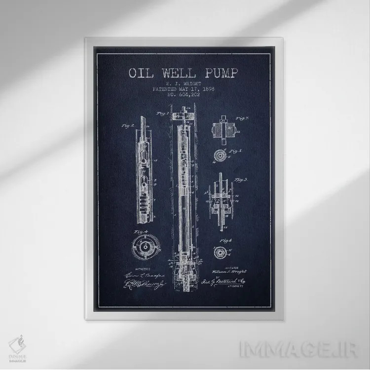 تابلو نقشهٔ ثبت اختراع پمپ چاه نفت (آبی تیره) اثر پیکسل کهنه (استودیو/نام هنری) - نمای قابدار سفید